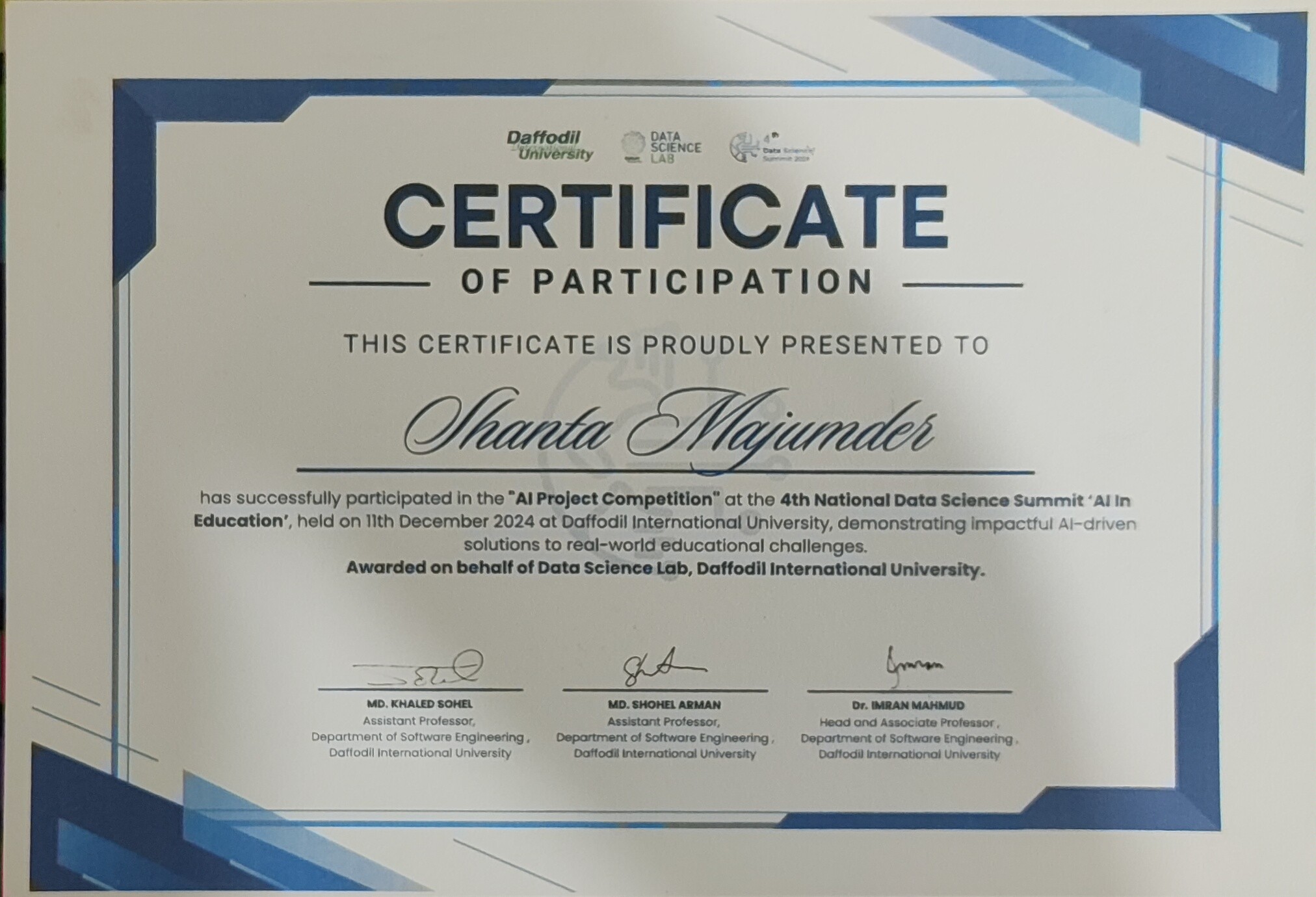 Certificate from the National DataScience Summit AI project competition.